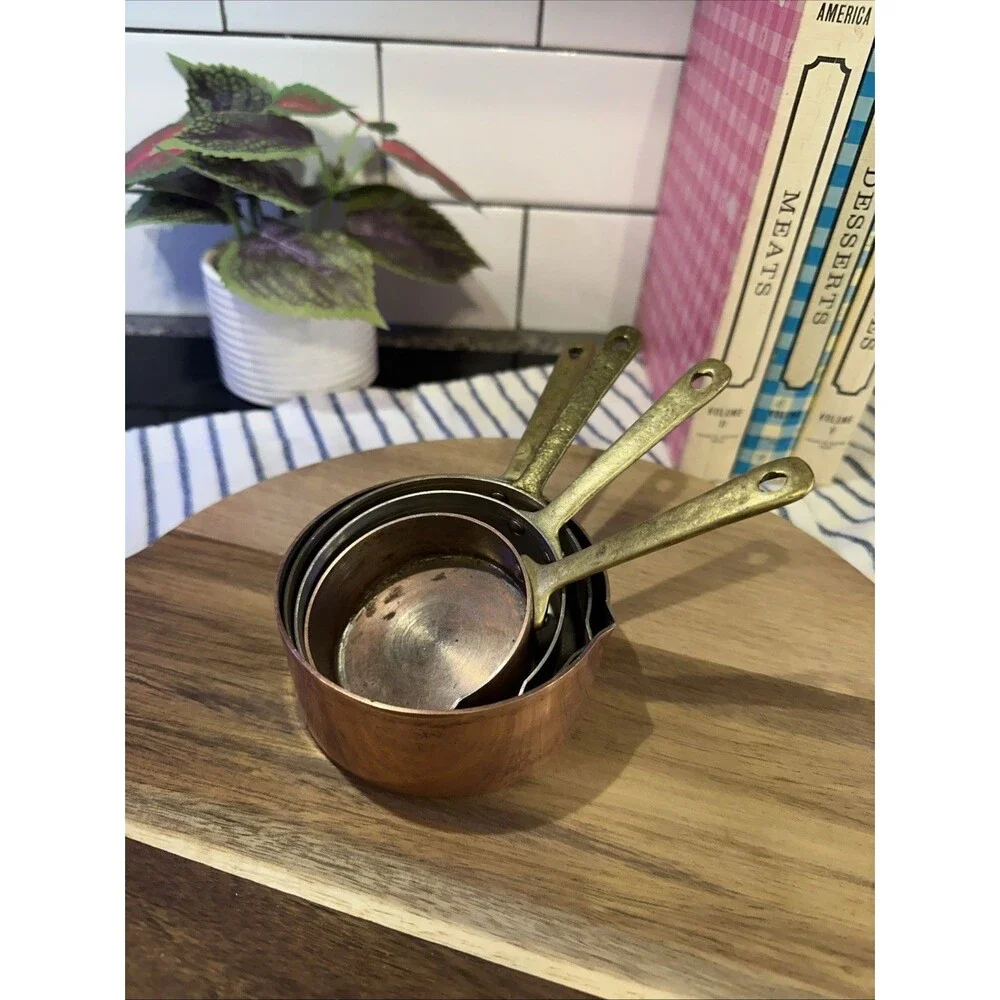 Copper and Brass Measuring Cup Set Vintage Heavy 1C/3/4C/1/2C/1/4C